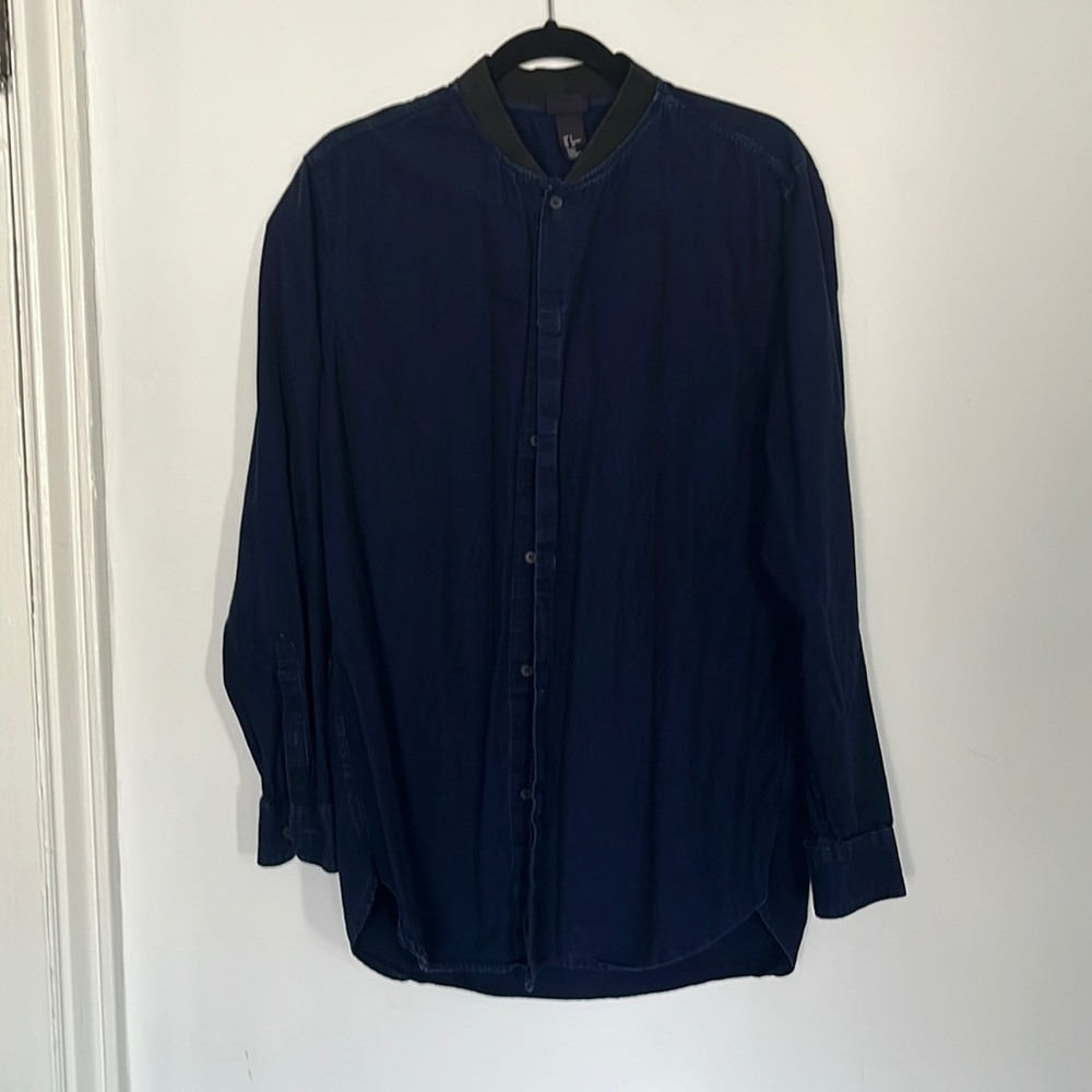 Long sleeve indigo denim shirt with rib collar